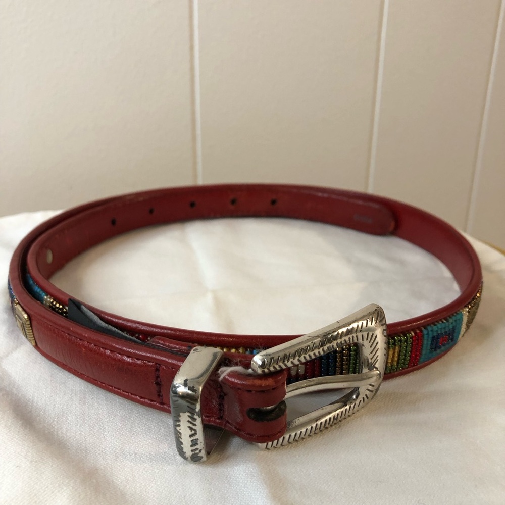 Brighton Red Leather Beaded Belt with Silver-Tone Buckle Large 34